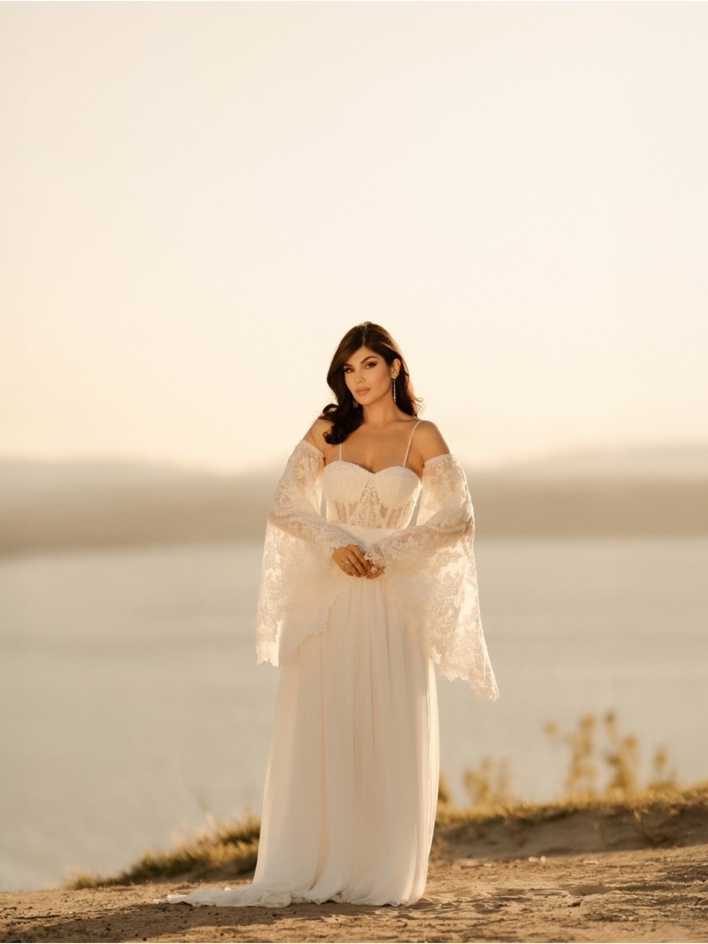 Diamond White Champagne A-Line Off the Shoulder Lace Dress